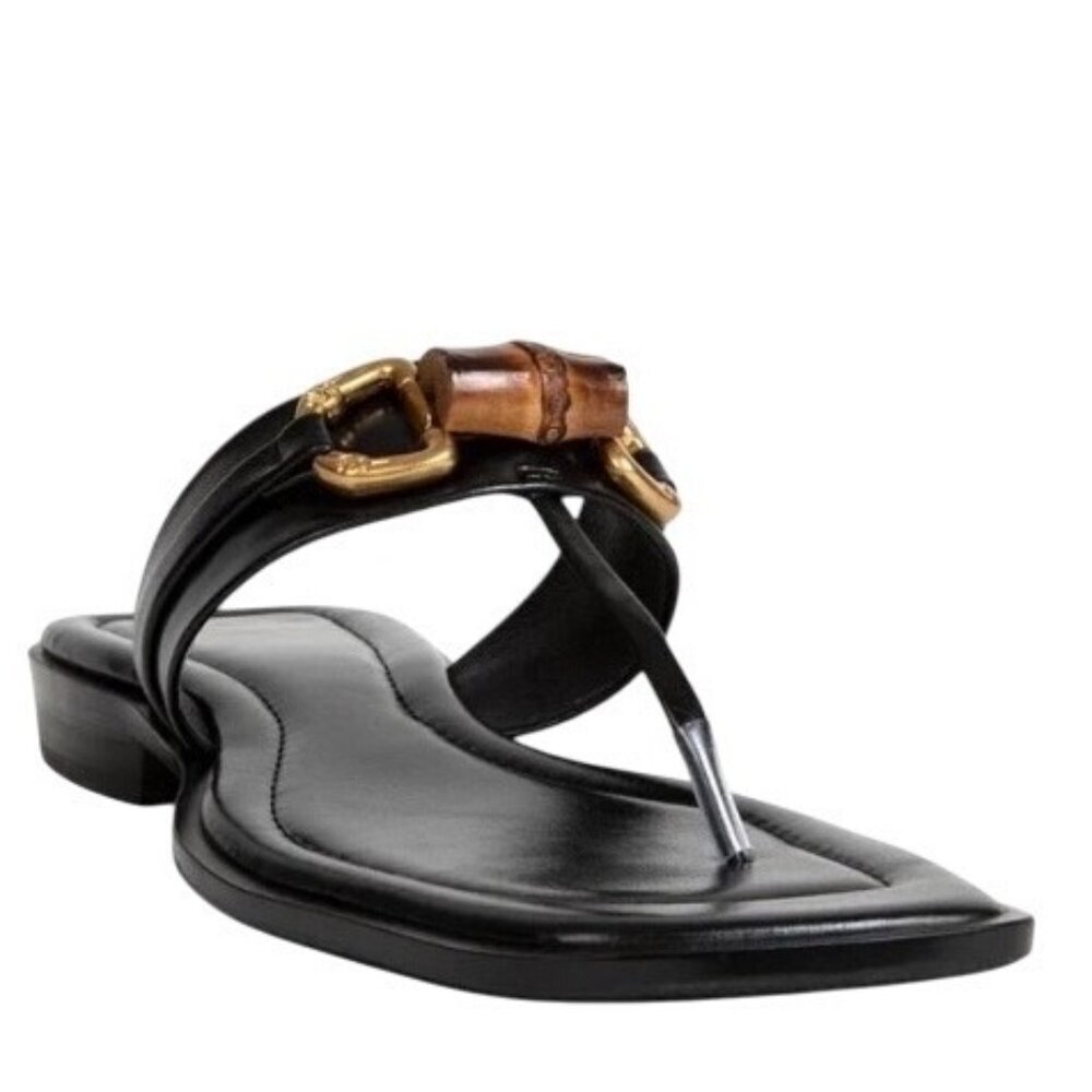 Jeffrey Campbell Black Leather Thong Sandals with Gold & Tan Hardware - Picture 2 of 14